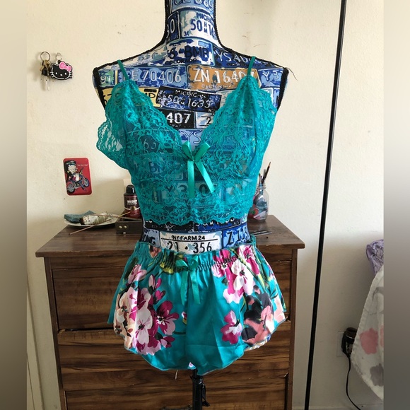 Sexy floral turquoise lingerie pajamas set - Picture 3 of 14